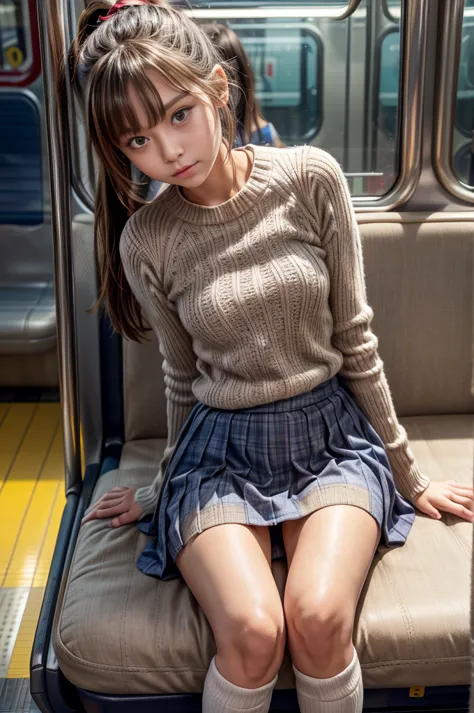 the image is a high-resolution photograph taken inside a subway train. the subject is a young bulansutena with fair skin and a p...