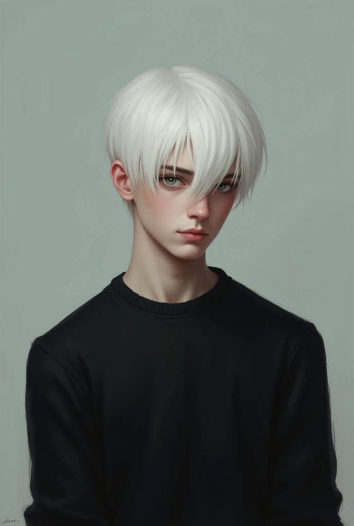 A guy in his 20s with white hair, grey eyes, medium build, wearing a black sweater 