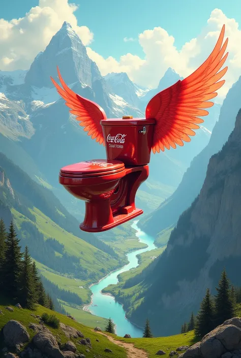 A flying toilet with wings and the shape of Coca-Cola in the Swiss Alps 