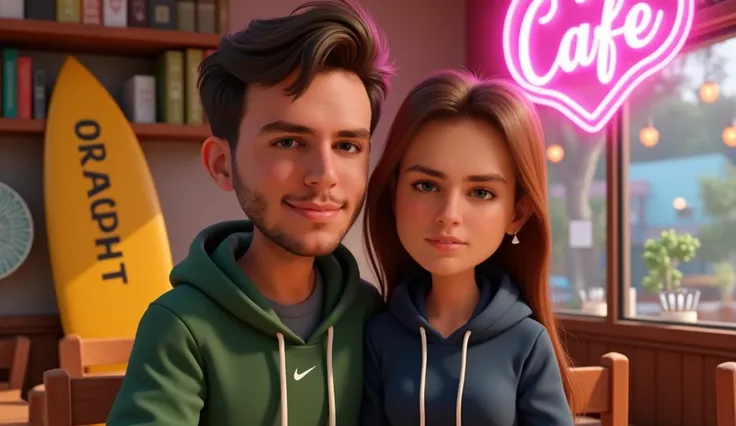 "Create a Disney/Pixar-style animated portrait of two people sitting closely together in a cozy, indoor café setting. The male character has short, neatly groomed dark brown hair and soft facial features with a relaxed expression. He is wearing a green hoo...