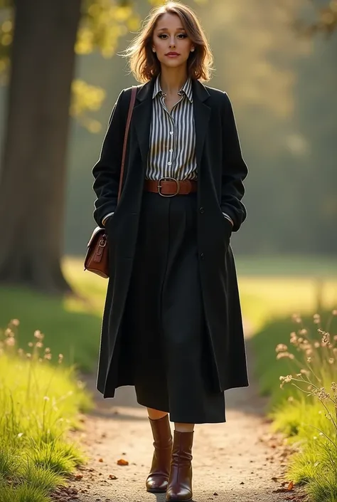 ultra realistic image of a short woman ,  Brown Hair ,  part of the hair behind the ears ,  dress shirt striped in black and white ,  black wool overcoat ,  brown leather belt with a long black wool skirt,  leather boots with heels ,  standing with her han...