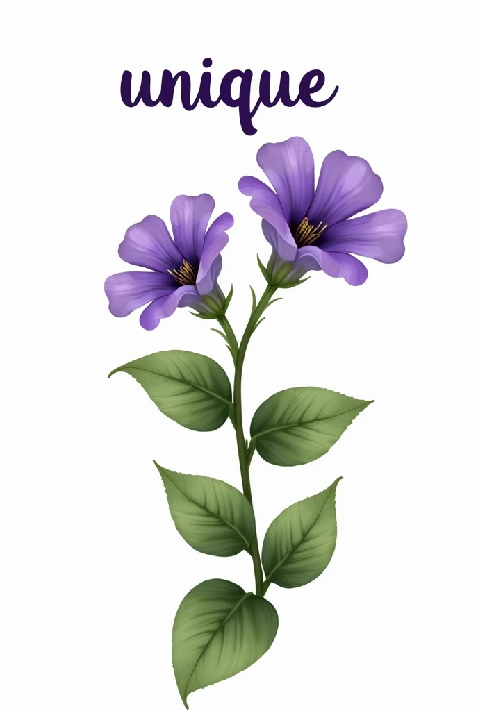  create an image with 2 wild violet flowers on a branch and green leaves, Also add the word  "unique" in Spanish and in cursive letters and the location around the flower , also with a white background and the flower that is located horizontally and the le...