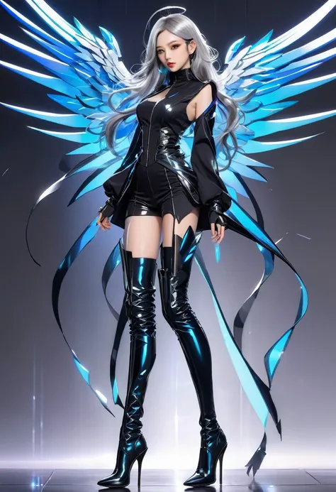  beautiful bad android girl in light clothing, Stiletto heels,  thigh high boots、 energy wing ,   High Quality , masterpiece