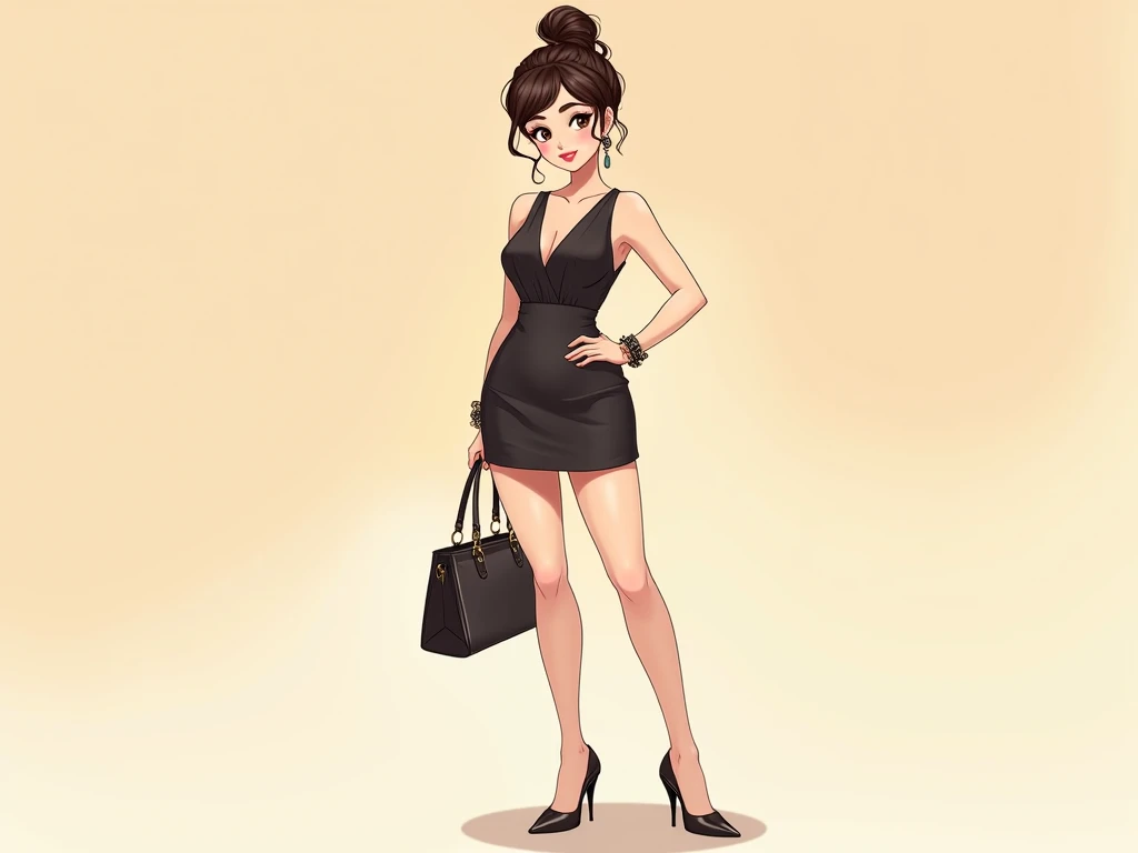 A full-body illustration of a beautiful anime-style onee-gal character with soft and elegant facial features, fair skin, and a curvy yet proportional physique. She has dark brown hair styled in a wavy updo with a few strands framing her face. Her outfit is...