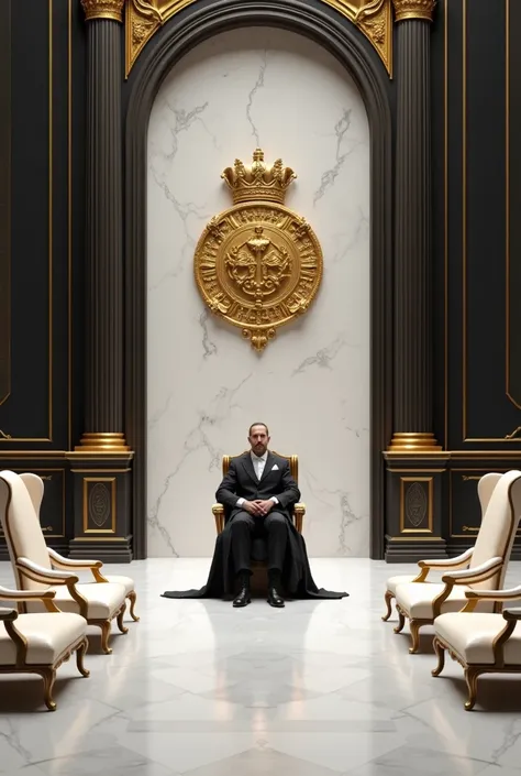 The Royal Crest painted in gold on a white marble wall behind
the Duke was blinding, and the bare walls were in stark contrast to the black
chair rails that ran along the length and width of the room. There was only
one chair besides the one the Duke sat...