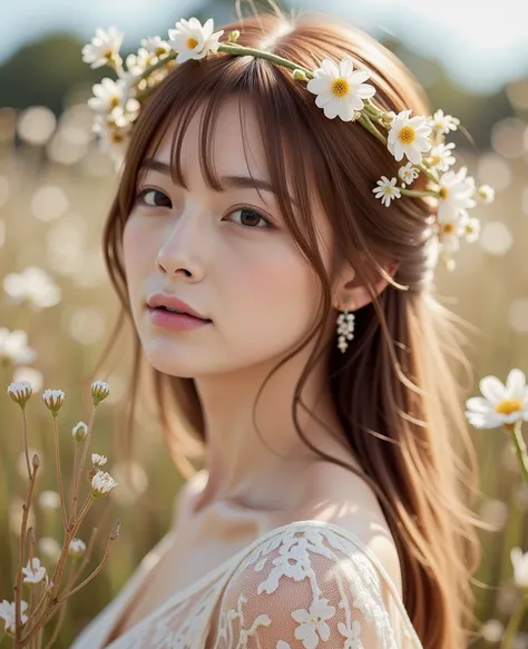 A photorealistic, soft-focus portrait of a young woman wearing a delicate floral crown, in an ethereal and whimsical style. The scene captures her surrounded by soft, blooming flowers with an intricate lace gown that adds to the fantasy-like, romantic atmo...