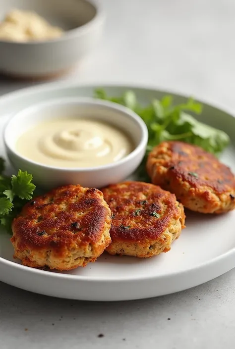 A white plate with 3 shredded meat patties and next to it a bowl with garlic sauce
