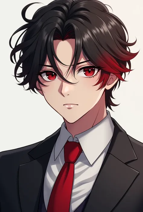  an anime-style male character , with wavy black hair with red bangs.  He wears an elegant dark gray suit ,  wearing a white shirt and a red tie .  Her expression is serious and confident , with big, penetrating eyes .