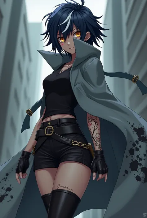 **appearance**:  Rika has short hair ,  messy dark blue with tips dyed white  ,   that frames her face with sharp features and bright amber eyes  .   She usually wears a long gray coat with dark spots similar to ink  , high boots and fingerless gloves  .  ...