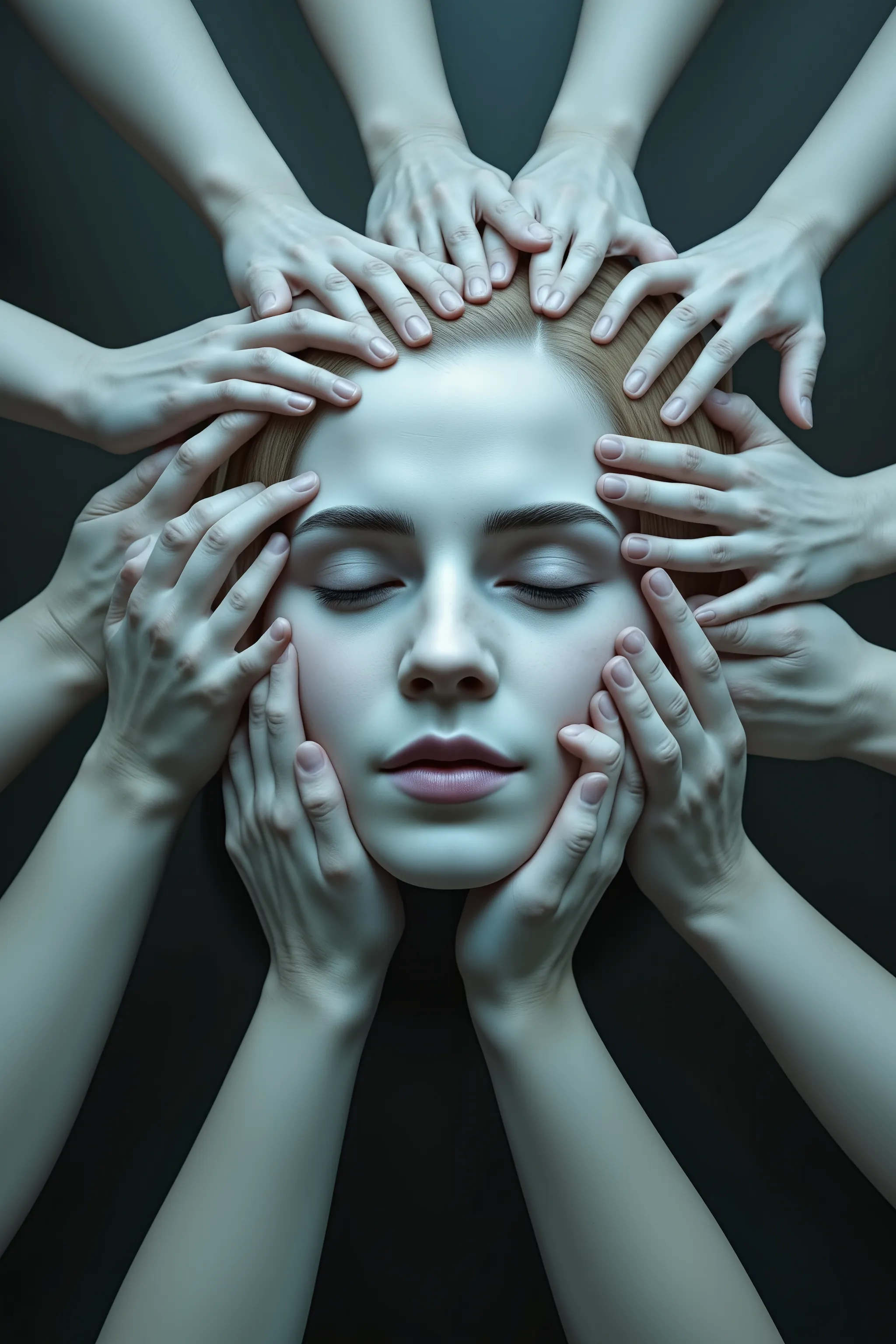 (masterpiece, best quality, high resolution), white zombie hands emerging from a singularity, Emma Watsons sleeping face, many hands touching outline of face, vortex, intricate detail, 8k, hdr