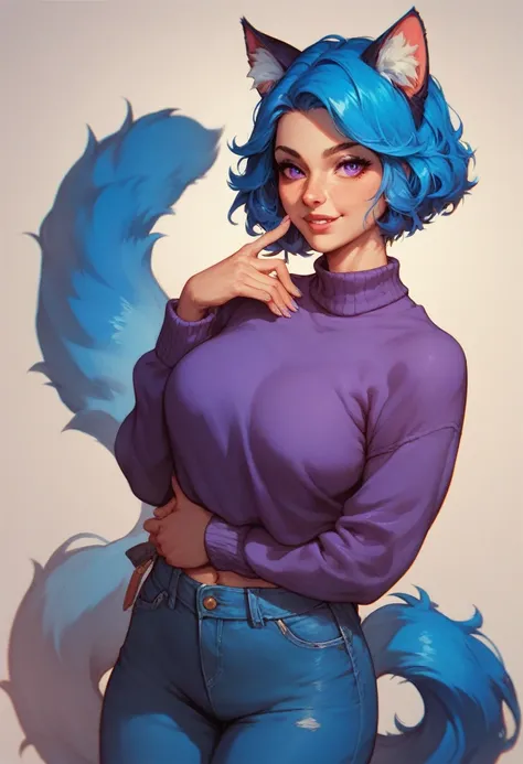 A girl with blue hair with cat ears with a fluffy tail in purple sweaters is dark with blue pants 