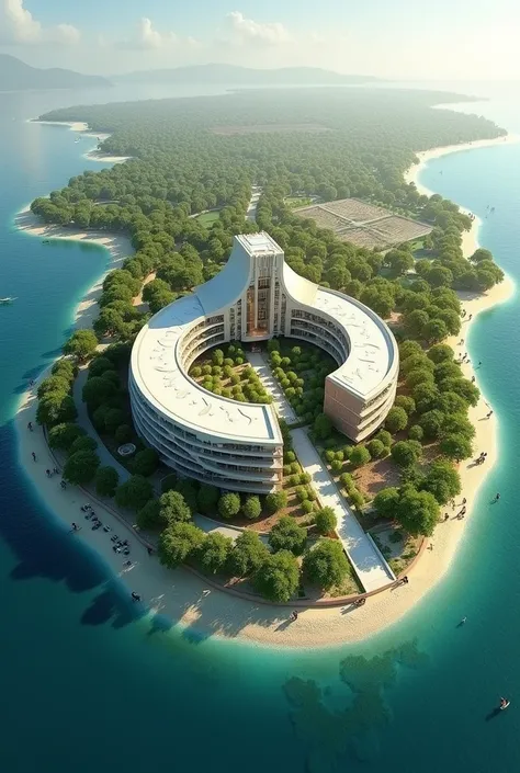 Please make a image of plan with following hinds

1. A small man created island in Dubai for ayurvedic hospital + tourism destination with park. 
2.At the center of island there is ayurvedic hospital building, which will be like a landscape(back to front s...