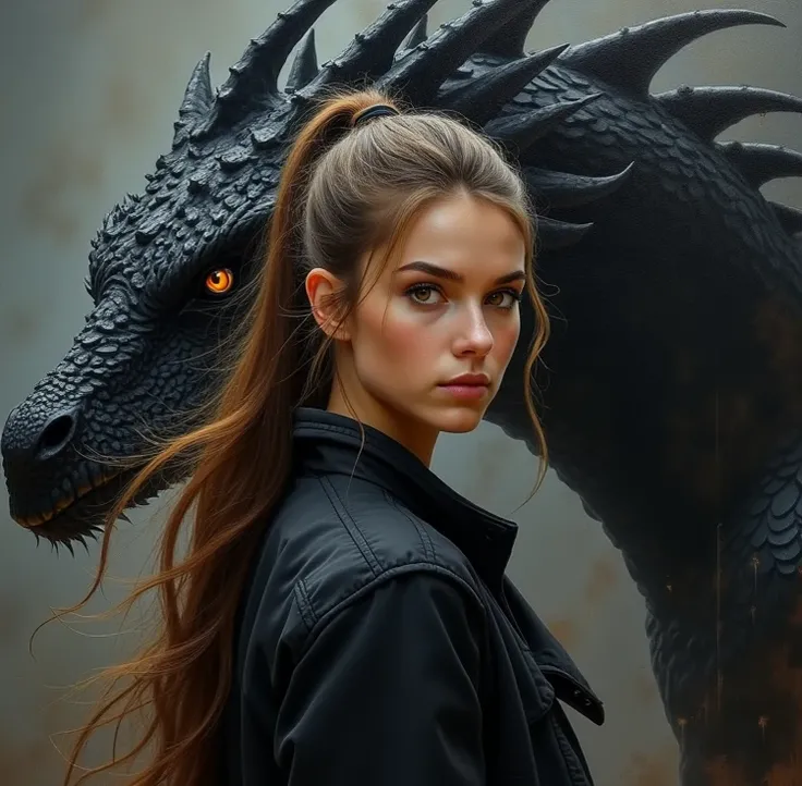  A beautiful young woman with long brown hair and beautiful yellow eyes,her eyes stand out , her hair is tied in a ponytail,She has a black jacket  ,There is a huge dragon behind her in black real oil paint