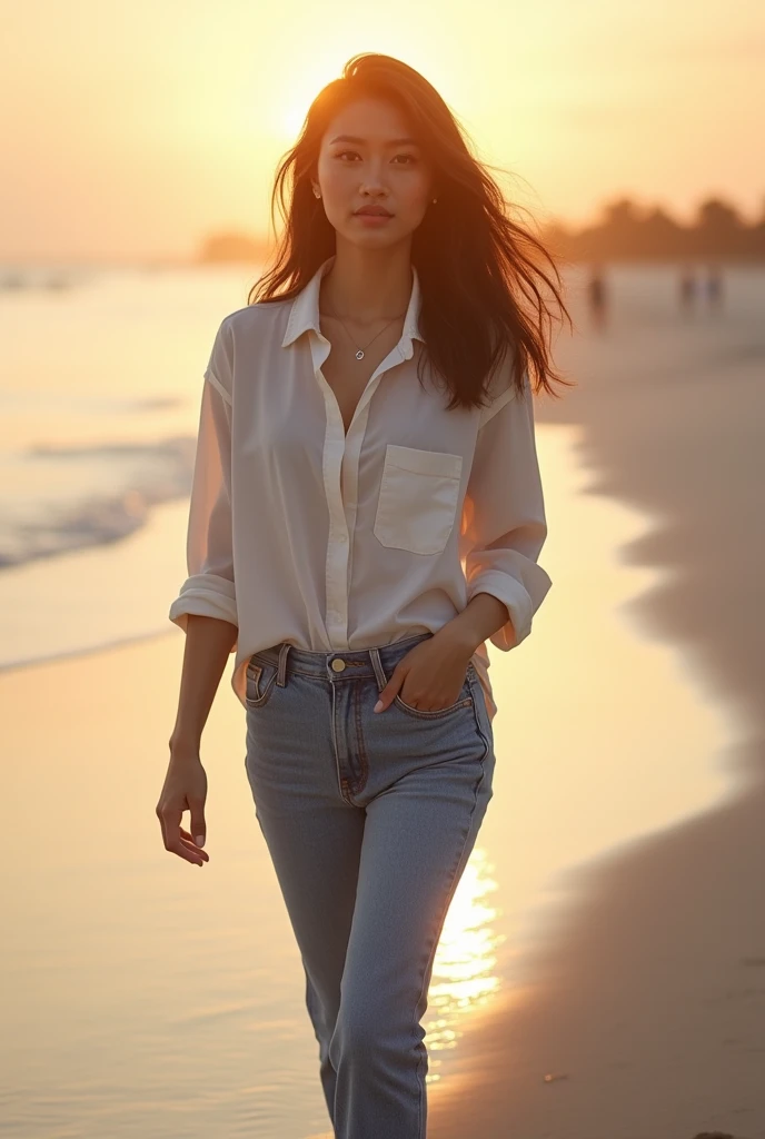 
(photorealism:1.2), an Indonesian woman with beautiful face looking forward young body fat shirt jeans is walking on the street by the white sand beach at sunset tengelam.looks natural .Contras ultra HD .