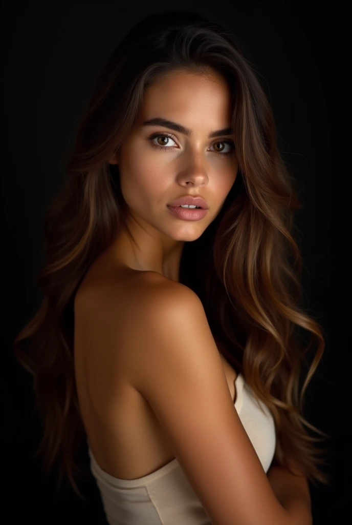  Professional photograph of a beautiful Mexican woman with light brown hair and long tanned skin with a perfect body. light brown eyes, Small imperfections on the skin, pores can be distinguished. Matte tones in all colors. Avoid shine. Gives a realistic f...