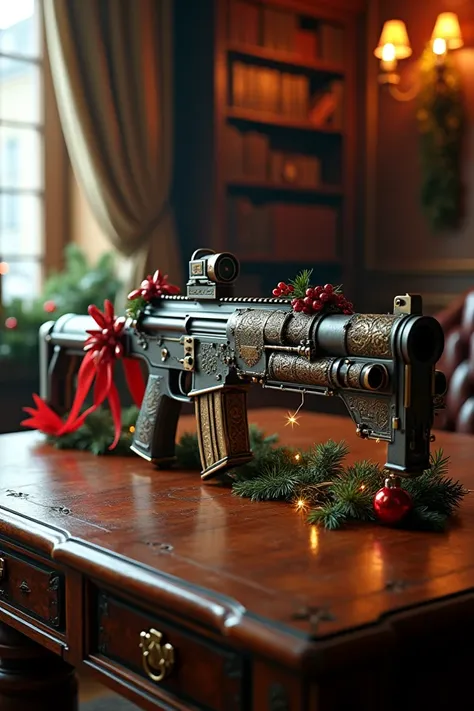  make a machine gun with Christmas touches on a table (Very epic )