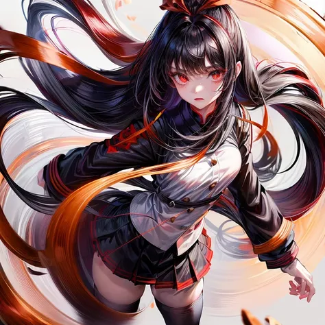  a girl in a black and red Seifuku uniform,  she has long black hair ,  red eyes , a white ribbon on her head , white pele, and black tights, (standing), (neutral background)