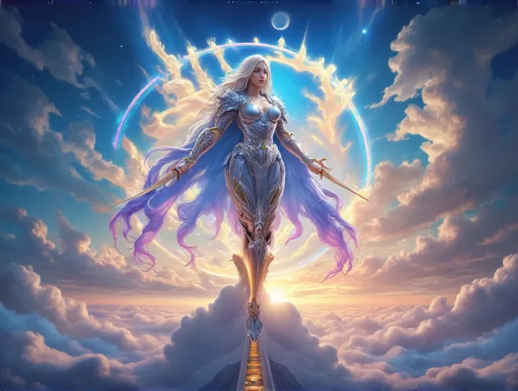 comic art, there is an female angel warrior standing in heaven, there is a (bridge made from rainbow: 1.3) going from heaven to another cloud, it is night time, moon, stars,  highly detailed, photorealistic, best quality, highres,16k, (ultra detailed:1.3),...