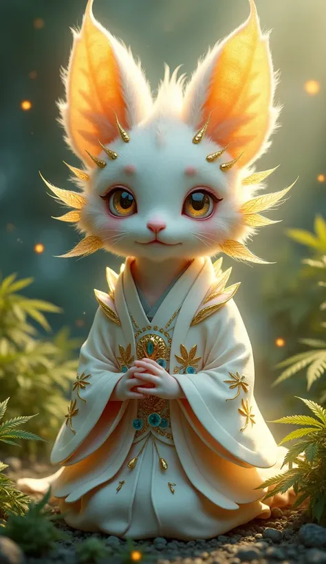 Un personnage anthropomorphe inspiré dun joint de cannabis, vêtu dun kimono blanc orné de feuilles de cannabis dorées, avec des détails lumineux en bleu turquoise. Le personnage a un visage stylisé avec des yeux lumineux et un doux, des ornements dorés sur...