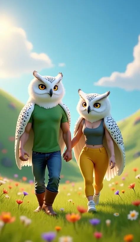 Create a Pixar-style 3D animation featuring an anthropomorphic snow owl couple walking gracefully through a vibrant, sunlit meadow. The male owl has a chiseled, muscular physique with defined six-pack abs visible through a snug green designer t-shirt, pair...