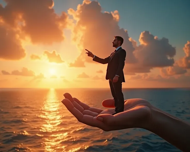 create an image full of supernatural faith with a successful man dressed in a suit pointing towards the universe, full of elegance and standing on the palm of Gods hand, which is on an ocean that is full of light on a sunset full of joy looking towards the...