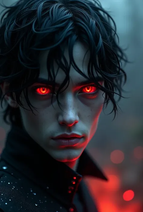  His black and scarlet eyes ,  as a dark galaxy that burns with fire .
 Black hair like the sky of a moonless night .
 His appearance ,  mysterious and icy ,  is similar to the perfect The image of an ice sculpture .
Delicate, sharp...  a terrifying myster...