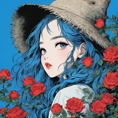 
 illustrator, Japanese Manga , Practical ,sketch ,  1 girl, ,lips, order,  blue gradient background,  Surrounded by Roses and Apples，Neon Hair,  Textured Cropping  , Canada, (Among the flowers, best quality)，16:9 Horizontal Screen ，