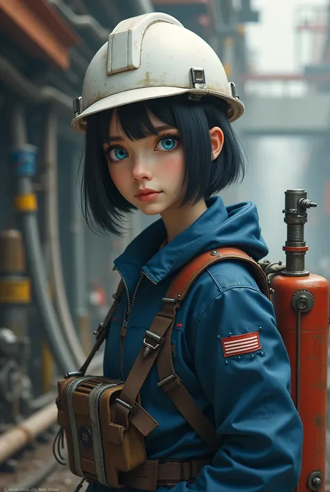 An engineer with a white helmet, black hair and sky blue eyes  