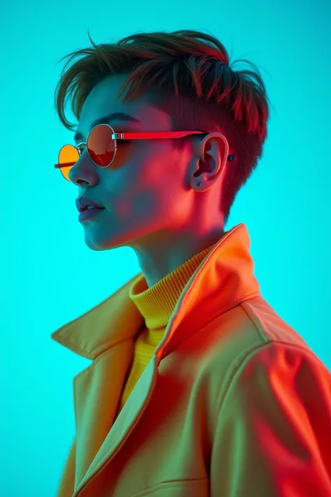 portrwearing mid-1960s space age fashion, Side view photo, Shot with Canon EOS R5, Set a strong contrast that accentuates the subject, Fluorescent blue tone, Wearing a very modern coat and sunglasses is a modern 1960s style, Clothes all in one color, beaut...