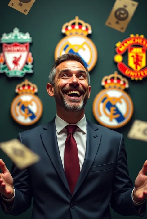  A man with a face happy to make money, Liverpool logo , real madrid,  Manchester United and money back  