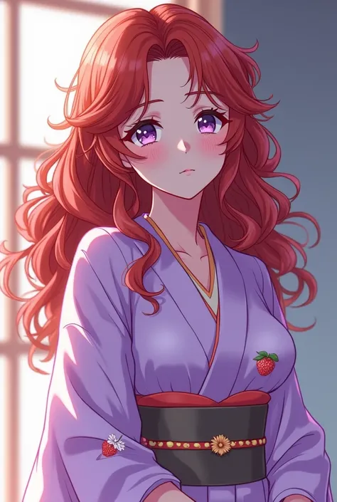  Generate Beautiful girl with curly red hair , with tired eyes color amethyst , and voluptuous body, dressed in a pastel purple kimono printed with strawberries
Anime style