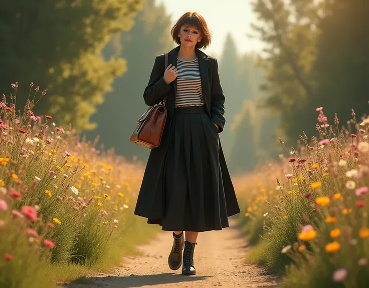  ultra realistic image of a short brown-haired woman hitting her shoulder,  walking on a dirt path with wild flowers garden ,  black and white striped dress shirt , black wool overcoat , long black skirt,  high leather boot with heel ,  with a vintage brow...