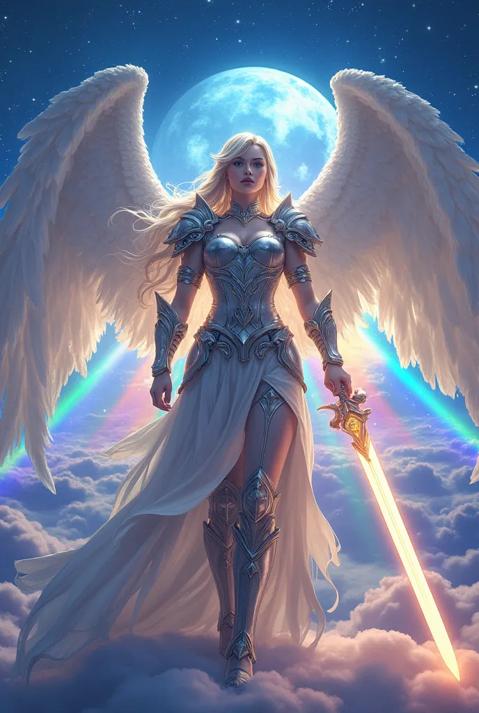 comic art, there is an female angel warrior standing in heaven, there is a (bridge made from rainbow: 1.3) going from heaven to ...