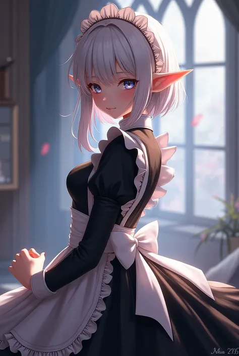 High Resolution, Best Quality, White Hair, Maid outfit, Elf, Girl Elf, Pointy Elf Ears, Bending over, Looking Back At Viewer, Anime Style, 2B Nier Automata.