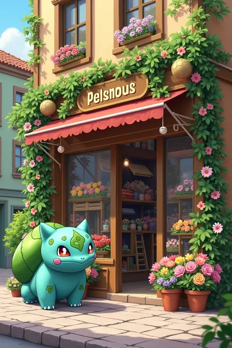 Une boutique de fleurs ayant le pokemon bulbizare  comme enseigne 