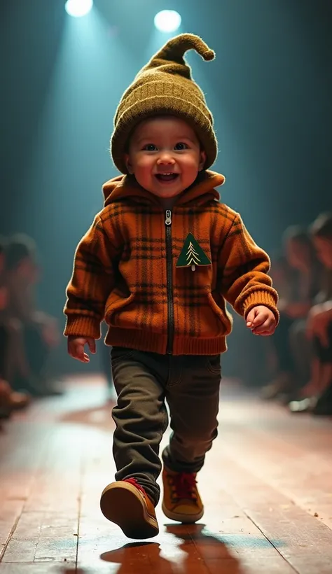 A baby boy model wows the crowd on the runway cosplaying Dipper from Gravity Falls. His excited grin and playful stance add to his charm. The lighting brings out the plush details of his clothes.