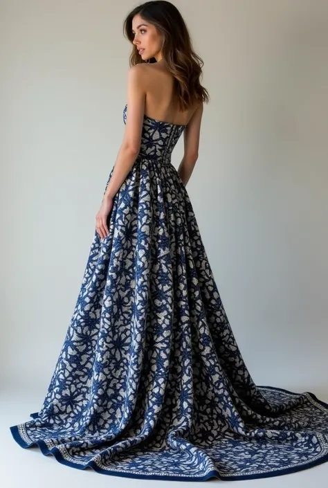 A dress with a Talavera Poblana design all over the dress, elegant, From long ,  with small white or silver stones ,  sleeveless and strapless , with low volume ,  and subtle but beautiful ,  dark navy blue and white