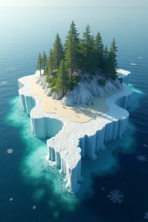  an island made of ice in the middle of the sea, with sand and forest mixed with snow 