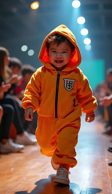 A baby boy model wows the crowd on the runway cosplaying Kick Buttowski. His excited grin and playful stance add to his charm. The lighting brings out the plush details of his clothes.