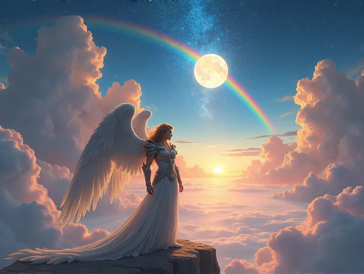 comic art, there is an female angel warrior standing in heaven, there is a (wide bridge made from rainbow: 1.3) going from heaven to another cloud, it is night time, moon, stars,  highly detailed, photorealistic, best quality, highres,16k, (ultra detailed:...