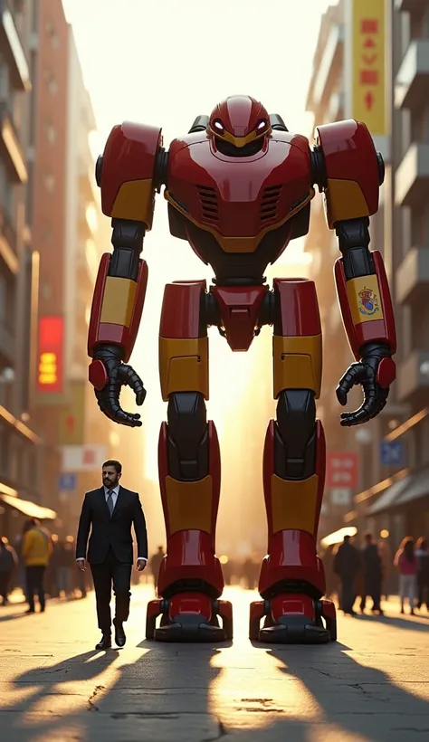 A Spanish soldier in a modern military uniform marches through a sunlit Madrid avenue. Beside them, a 12-meter-tall combat robot strides forward, painted in red and yellow to represent the Spanish flag. The robot’s massive frame features curved yet menacin...