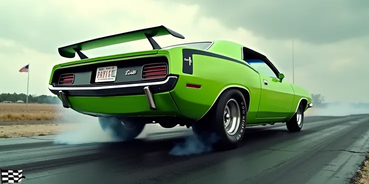 The 1970 Plymouth ’Cuda, in its iconic Lime Light Green paint job, is prominently displayed on a drag strip. The rear view, with its iconic spoiler and rectangular taillights, shows burn marks on the ground. Smoke billows from the tires, while a cloudy sky...