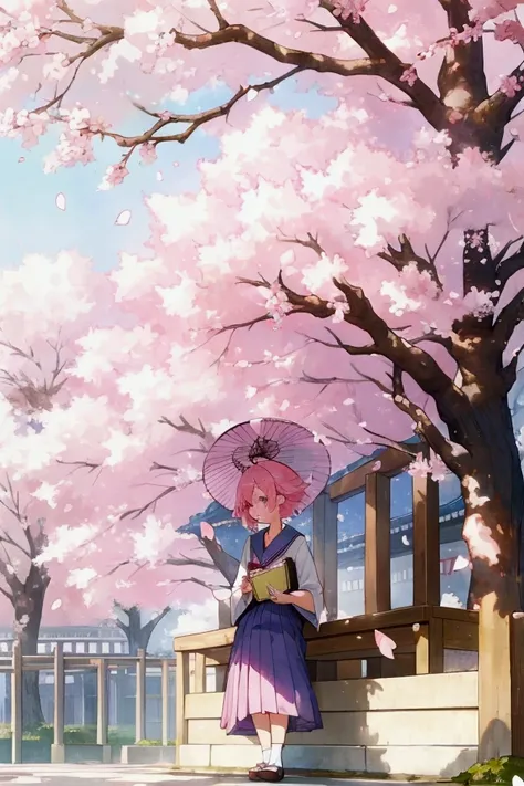  A young woman with pastel pink hair and violet eyes ,  dressed in a white and navy blue Japanese school uniform ,  is located under a cherry blossom tree .  The petals fall gently around her as she looks down ,  blushed, holding a book in her hands .  The...