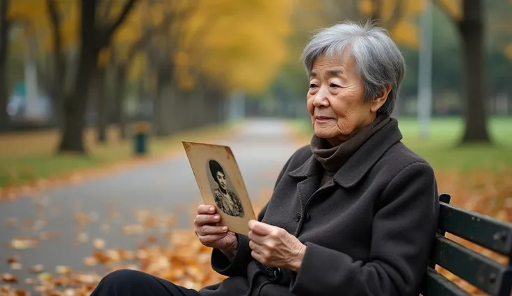 An older COREAN woman, around 70 years old, with short gray hair and kind brown eyes, sitting on a park bench holding an old photograph of her younger self. Around her, autumn leaves scatter across a peaceful park. The background shows a paved path leading...