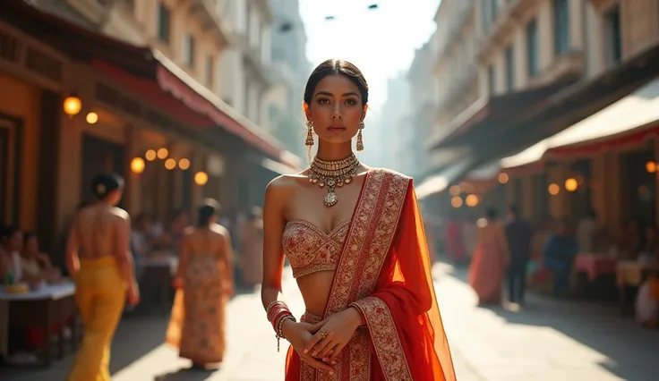 "Create an image of a stunningly beautiful Indian woman in a high-fashion setting, emphasizing Indian cultural elements. She is dressed in a glamorous, designer outfit that incorporates traditional Indian motifs and patterns, such as intricate embroidery, ...