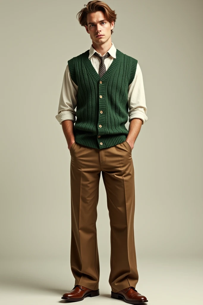 A  brown hair man with pale skin green eyes and freckles ,Wearing a green knitted sweater vest with a subtle texture pattern,a crisp white button up shirt,worn untucked,a small pattern necktie,wide- leg trousers brown trousers with a loose fit,and brown le...