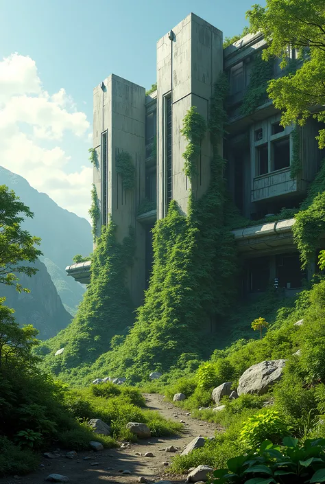  Science-Fiction ;  concept art of a secret futuristic military base abandoned and invaded by plants; Blue sky; Midday sun .