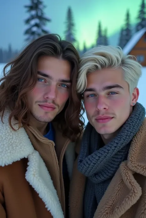 The image shows two attractive men with one with hair and the other wavy,  one with long wavy brown hair and the other with platinum blonde hair .  Both have piercing blue eyes and wear fur coats .  The young man on the left wears a sheepskin coat ,  while...