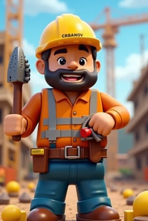 A male worker with a helmet and tools,  brown skin color , black eyes, very happy, LEGO shape 