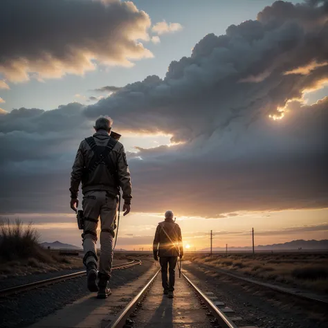 create an image of a sixty-year-old man, with a guitar strapped to his back, walking towards the horizon with the sunrise in the background, on a desolate post-apocalyptic road, with a railway line at the side.